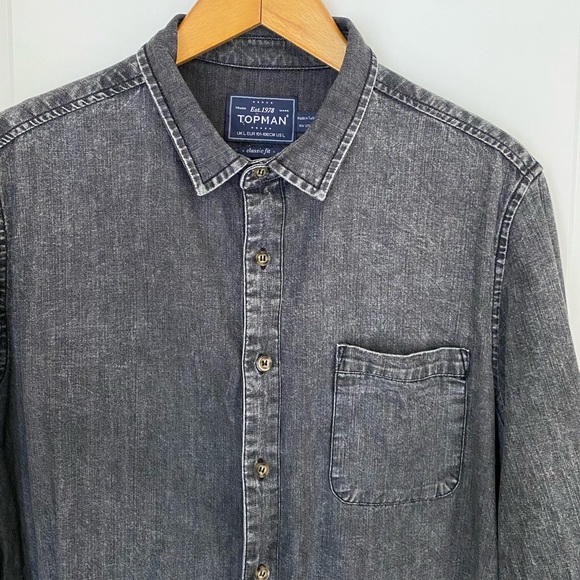 Topman Classic Fit Black Wash Denim Buttons Front Shirt Size L - Picture 2 of 7